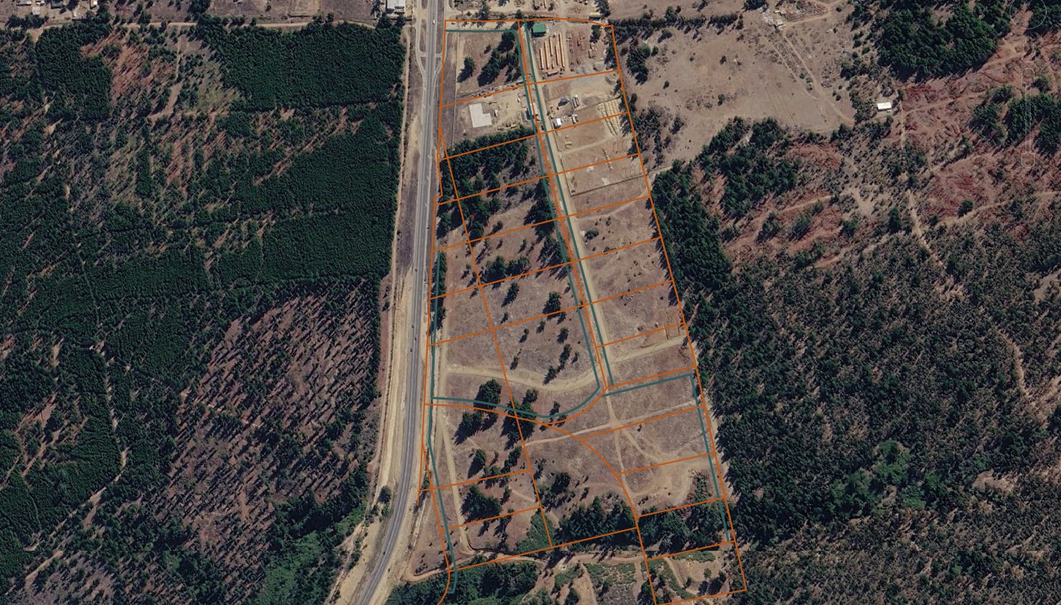 Plano de Los Chaguales sobre imagen satelital, con deslindes y numeración reales (Google Earth Pro)