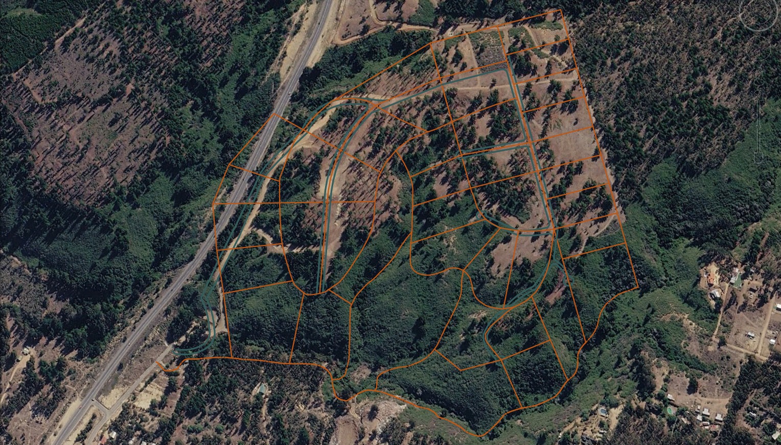 Plano de Los Coligües sobre imagen satelital, con deslindes y numeración reales (Google Earth Pro)